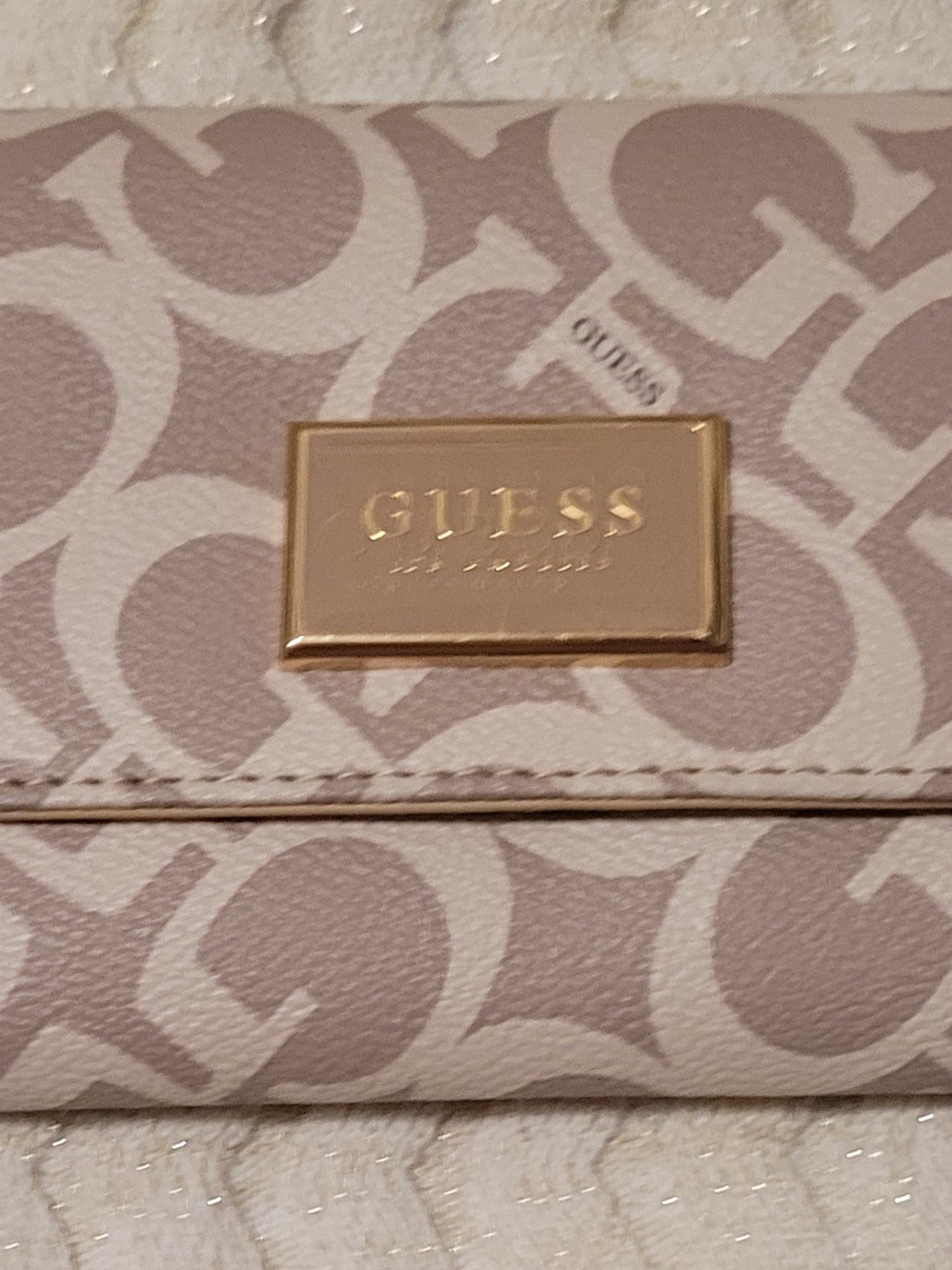 GUESS Beige Logo Wallet with Gold Plaque